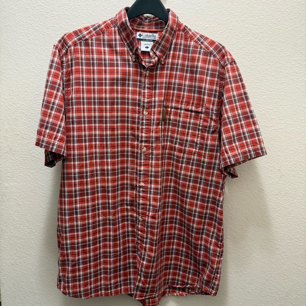 Columbia Shirt Mens Large orange Plaid Button Up Short Sleeve 100% cotton
